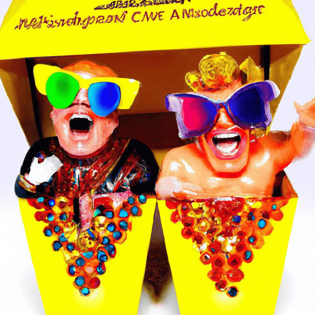 elton john and his husband David are bursting out of a McDonalds Happy meal box . Elton is in bejeweled glasses shaped like the logo and performing and they are very happy. Style is: hightly detailed, hyper realistic, photographic, wide angle lens:: in the style of 3d Pixar:: --ar 9:16 --q 2